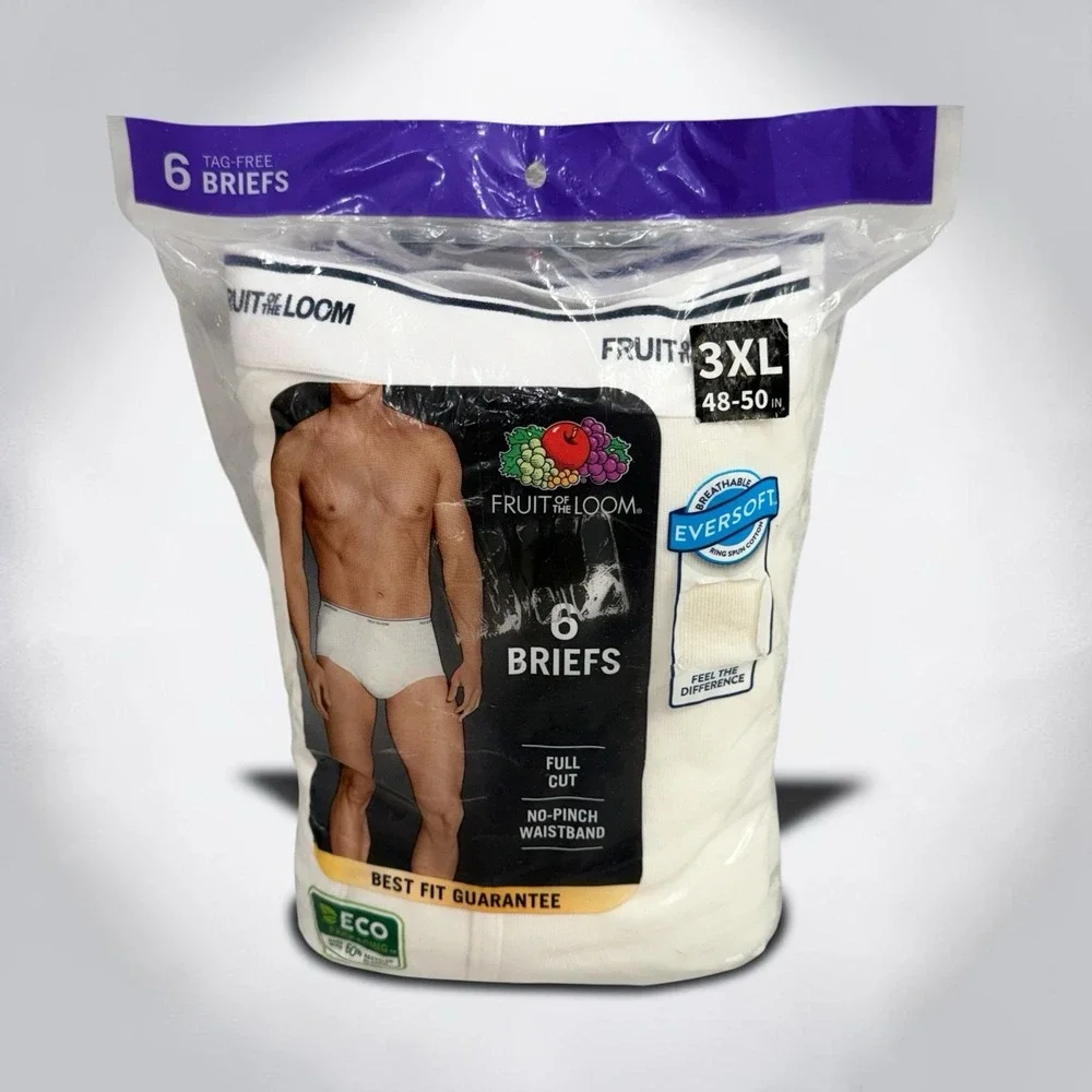 Fruit of the Loom Briefs Full Cut Mens 3XL 48-50 In White 6 Pack Cotton No Pinch